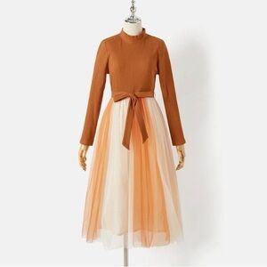 Patpat Belted Long Sleeve Mesh Brown and Cream Dress, Knee-length, Size L